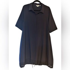 Chico's Navy Short-Sleeve Collared shirt dress with Eyelet Hem and Bungee cinch.